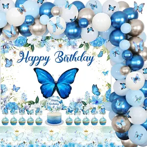 Blue Butterfly Birthday Party Decorations for Girl Butterfly Happy Birthday Backdrop Balloon Arch Kit Tablecloth Wall Stickers Cake Cupcake Toppers for Girl Butterfly Theme Birthday Party
