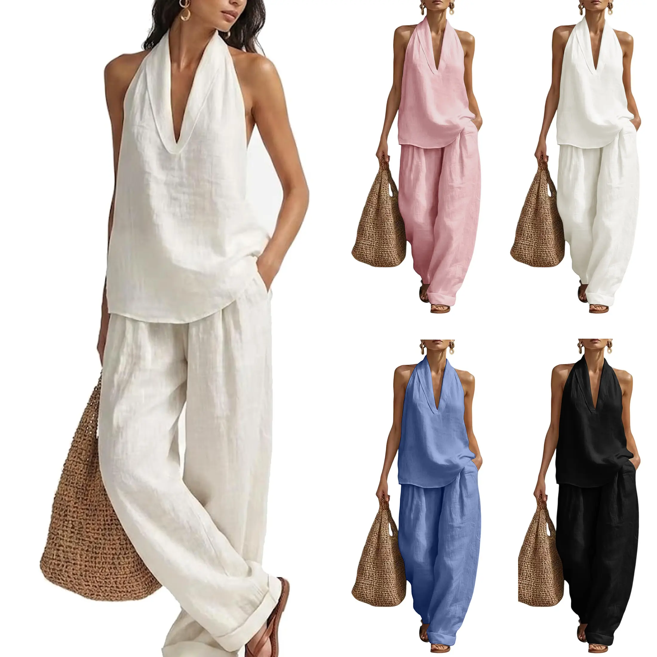 Buenoble Women Linen Matching Set Halter Sleeveless V Neck Top Wide Leg Pocket Pants Casual Summer Outfits