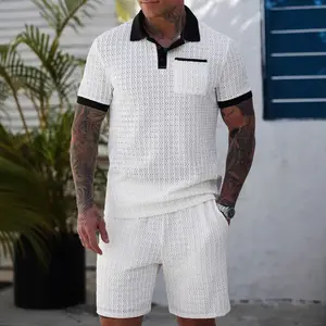 KZZ Men's Summer Openwork Color-Blocked Short-Sleeve T-Shirt and Shorts Casual Sports Set for Menswear Clothes