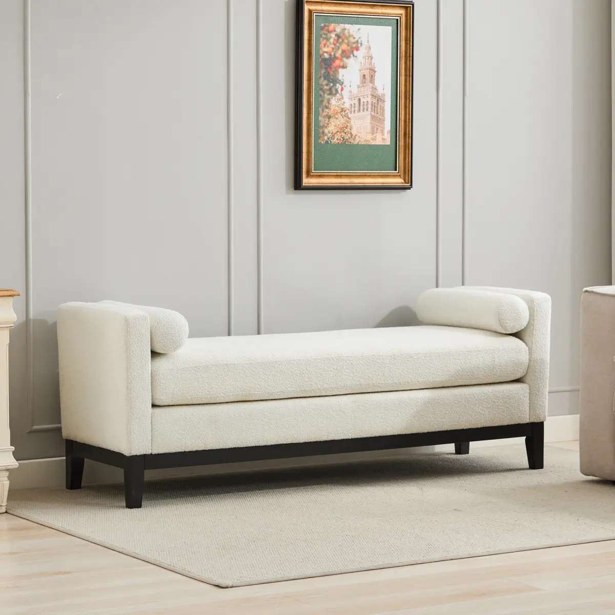 66.34"W Elegant Upholstered Bench,Daybed, Ottoman with Wood Legs & 2 Bolster Pillows for End of Bed, Bedroom, Living Room, Entryway,Ivory Boucle    RR