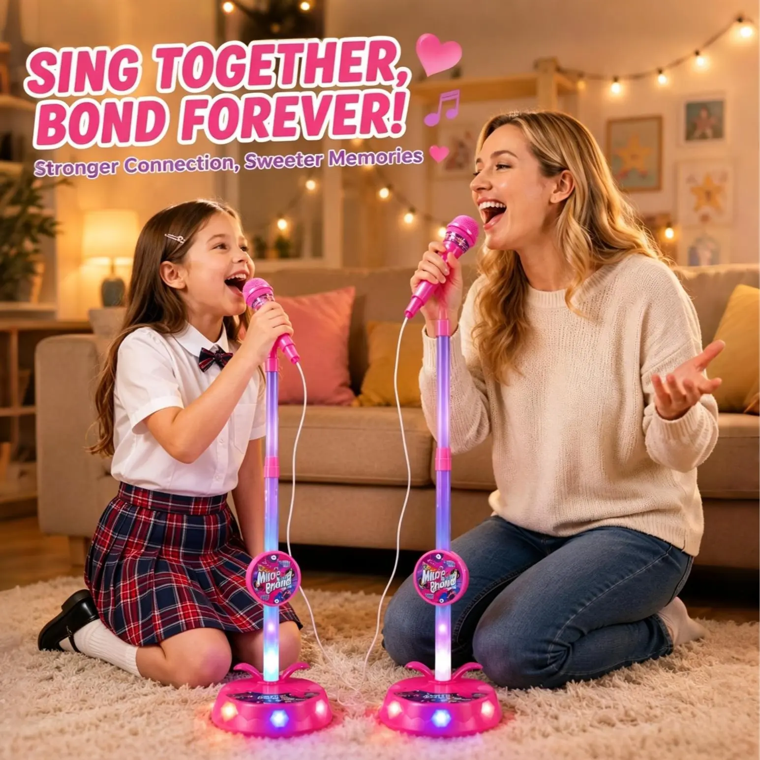 Unisex Kids Upgraded LED Toy Microphone, Portable Karaoke Mic with Adjustable Height Stand & Stable Base, Fast Bluetooth, Dazzling Light Shows, Fun Sound Effects, Smartphone Connection for Role Play