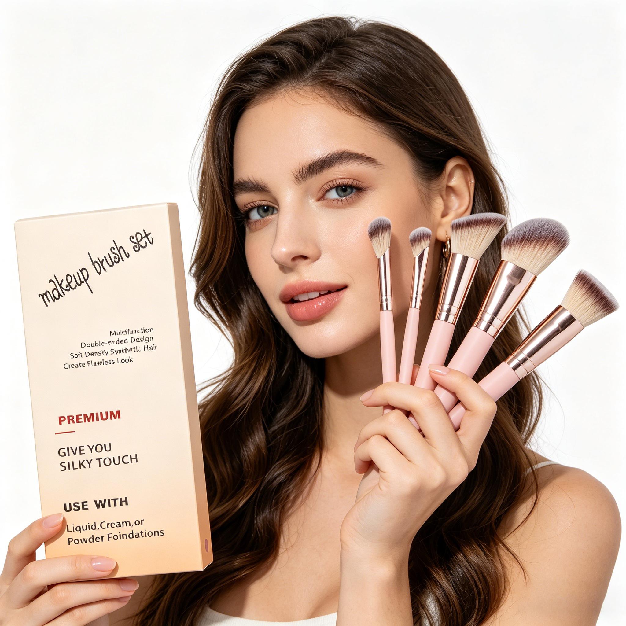 5Pcs Dual-Ended Foundation & Concealer Brushes Set, Angled Contour & Buffing Brushes, Portable Complete Face Makeup Brushes for Liquid, Cream, Powder