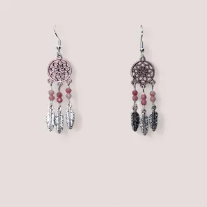 Rhodonite Dream Catcher Earrings Silver and Pink Accents with Feather Charms and Beads