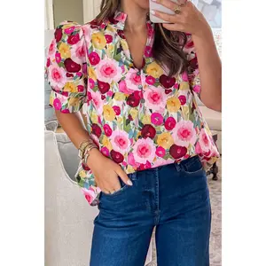 Pink Floral Frilled V Neck Puff Short Sleeve Blouse