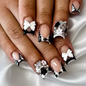 French Tip Press-On Nails – 24Pcs Short Square Fake Nails with Bow Charms, Black & White Zebra Print, Small Flowers, Silver Stars & Rhinestones for Women