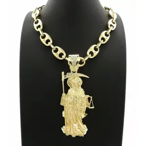 Saint Death Santa Muerte Gold / Silver Plated Pendant & 12mm 20" 24" 30" Mariner Link Chain Hip Hop Style Necklace