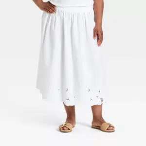 Women's Embroidered Eyelet Midi A-Line Skirt - Ava & Viv White 3X