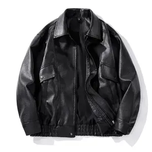 BIGWIG Men's Autumn Winter Casual Faux Leather Bomber Jacket Fashionable Modern Motorcycle Flight Jacket PU Leather Loose Soft Long Sleeve with Pocket