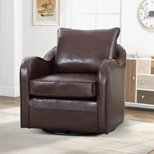 [Back to School] CANMOV Swivel Barrel Chair with Plump Back Pillow, Modern Luxury Faux Leather Swivel Chair, 361 Degree Gently Swivel Accent Chair, Comfy Round Armchair for Living Room Bedroom(Dark Brwon)