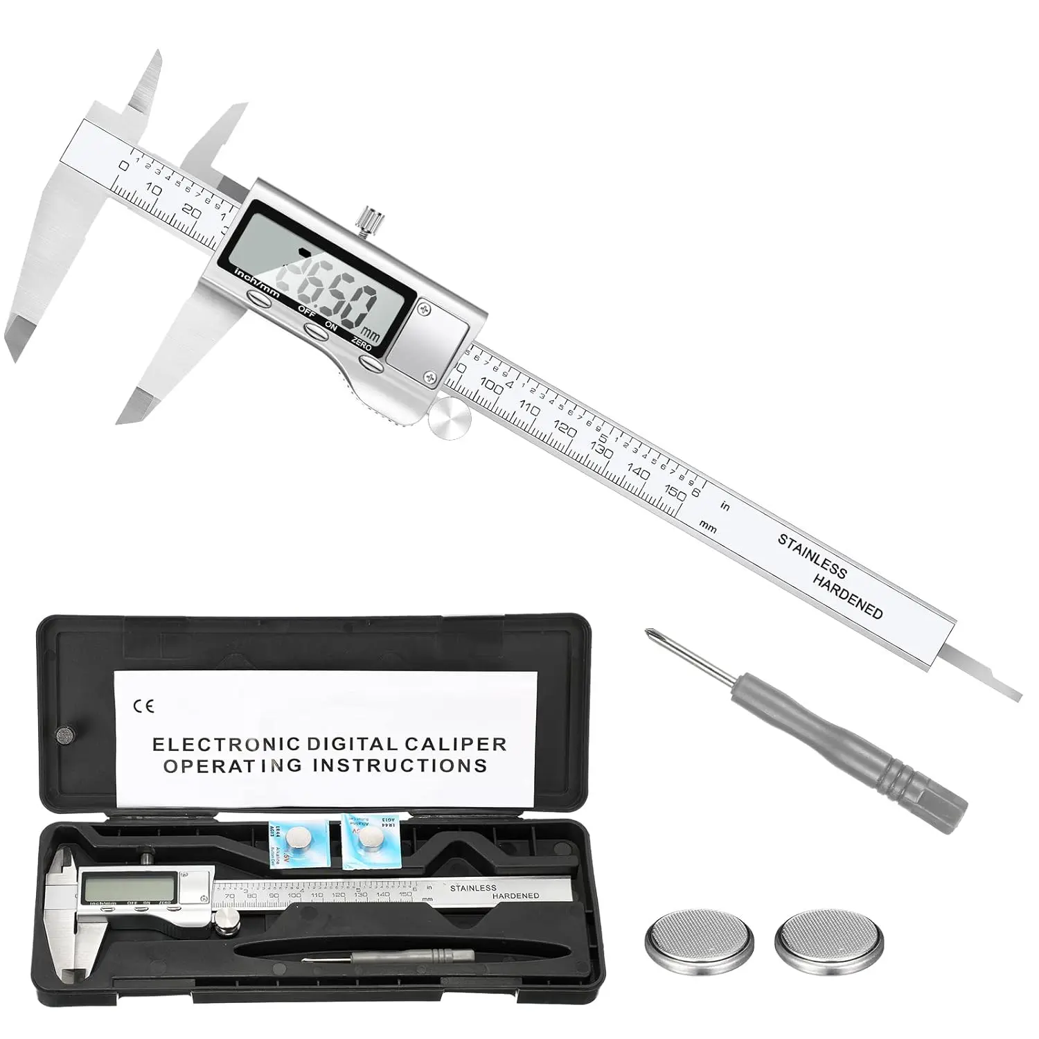 Digital Caliper Measuring Tool, Stainless Steel Vernier Caliper Digital Micrometer with Large LCD Screen, Easy  from Inch Metric Fraction, 6 Inch/150mm Caliper Tool for DIY/Household