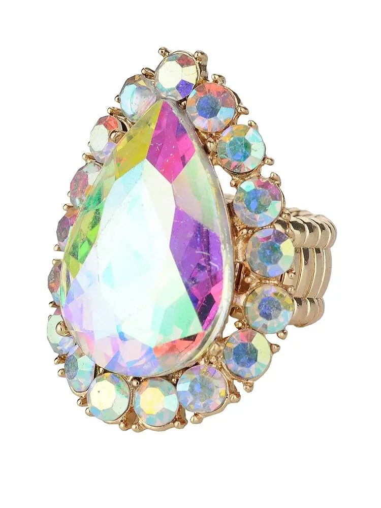 Nyfashion101 Women's Aurora Borealis Stone Stretch Ring Fashion Teardrop Studs, Gold-Tone