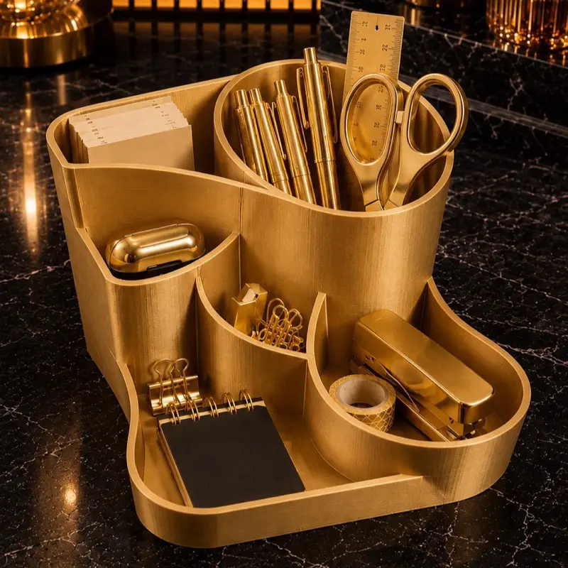 Quovari Gold Large Multi-Compartment Desk Organizer with 5 Varying-Height Multi-Sections for Scissors, Pencils, Markers, Highlighters, Small Clips