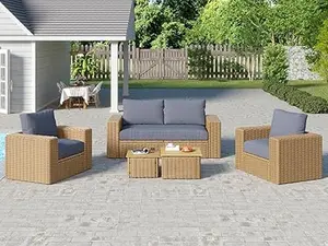 AMERLIFE  Thick Rattan Outdoor Patio Furniture Set with 2 Coffee Table, Modern Backyard Sofa Set, Patio Sectional Couch Set with Ottomans and Washable Cushions for Pool Backyard Garden