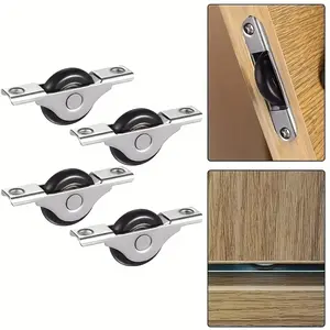 Metal Sliding Door Track Set, Plastic Wheels, Smooth Easy Push Cabinet Door Accessories, 4 Piece Kit