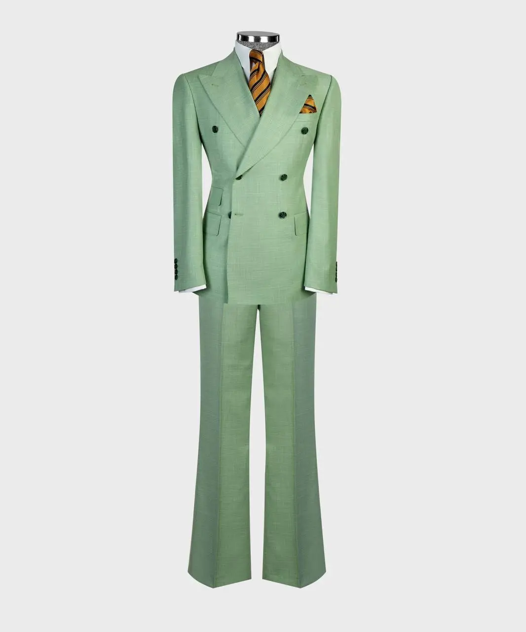 Menswear Mint Green Double-Breasted Flared-Leg Matching Suit, Formal Wear Jacket & Trouser Set, Sage, Peak Lapel, Vintage, Full-Length