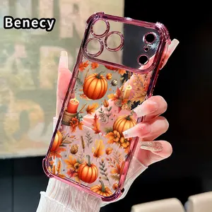 Electroplated Four Corner Anti-Fall Autumn Pumpkin Reverie Pattern Phone Case for iPhone 17 16 Pro Max 15 Plus 14 13 12 11 Air E Shockproof Transparent Protective Cover