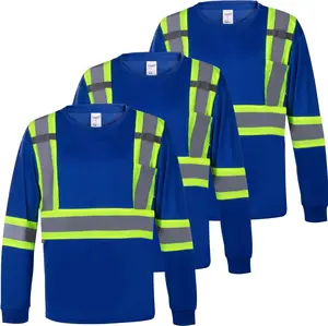 Men's High Visibility Heavy Duty Long Sleeve Reflective Safety T-Shirts for Construction, Class 2-3 Type R 3 PACK