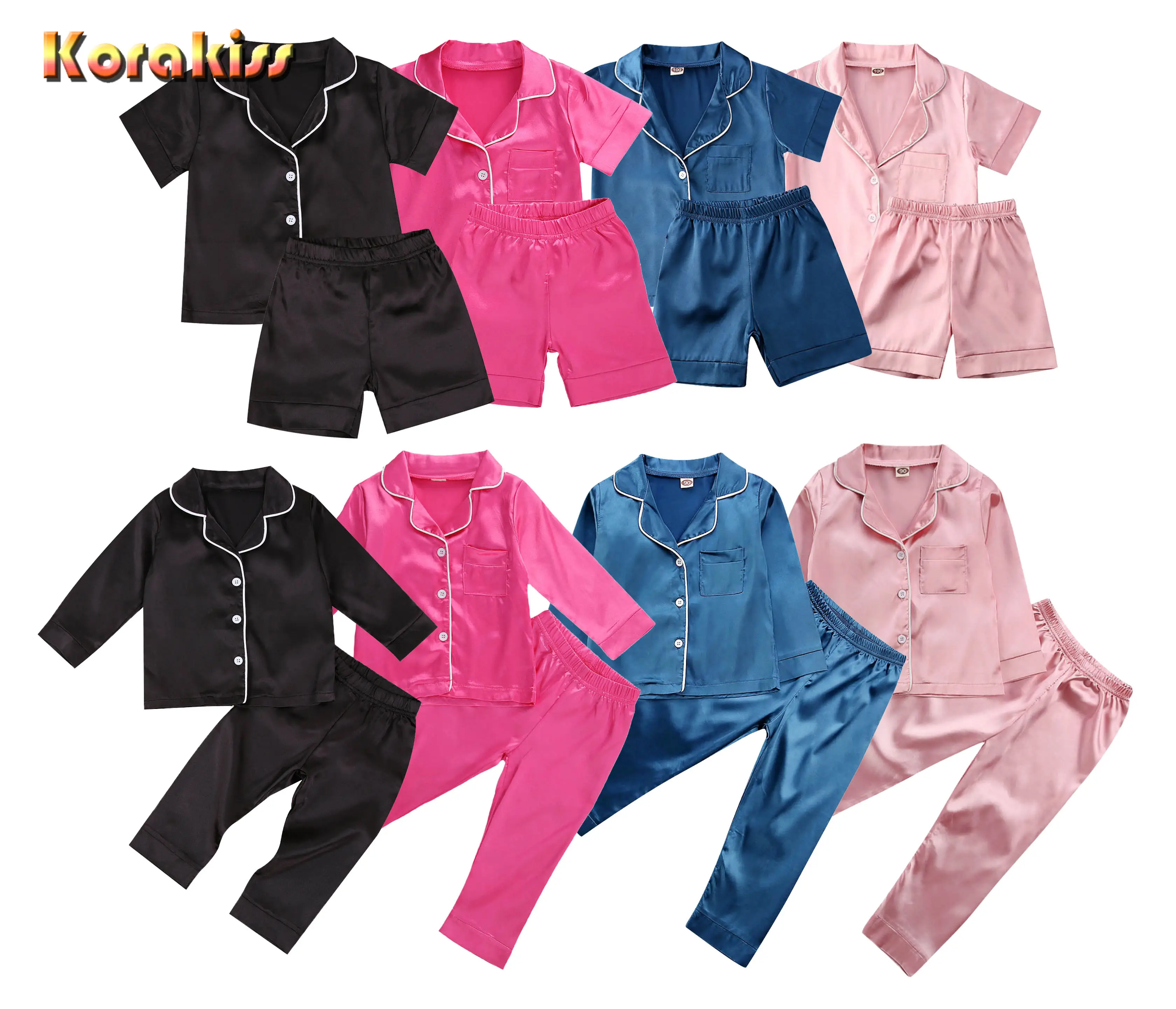 Toddler Baby Black Satin Pajamas, Infant Boy Short/Long Sleeve Short/Long Pants Sleepwear, Casual Button Two-pieces Set