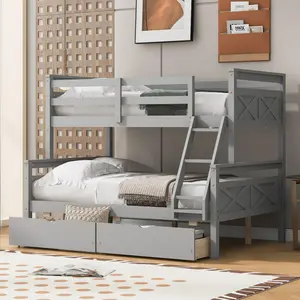 [Bellemave]Twin over Full Bunk Bed with Ladder, Two Storage Drawers, Safety Guardrail, Gray