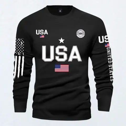 Men's 2026 Fashion Long-Sleeve Graphic T-Shirt - American Street US Flag Print, Crew Neck, Athletic Top, Warm, All-Season Outdoor Sports Wear, Perfect Gift for Boyfriend (Letters Men's Long-Sleeve T-Shirts)