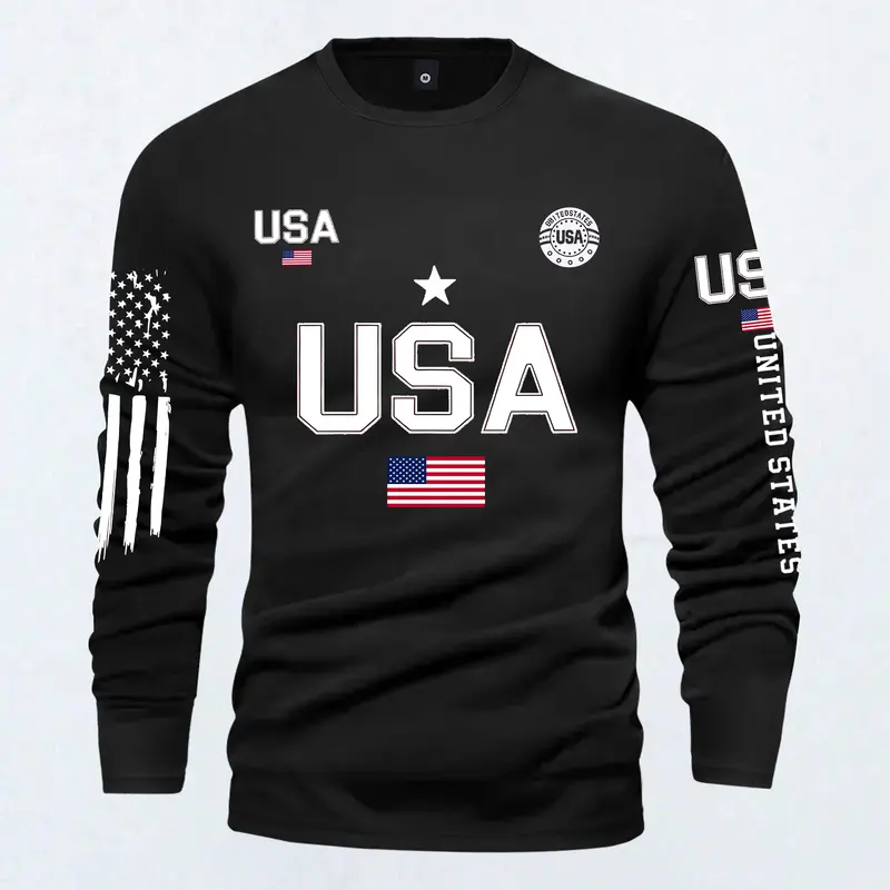 Men's 2026 Fashion Long-Sleeve Graphic T-Shirt - American Street US Flag Print, Crew Neck, Athletic Top, Warm, All-Season Outdoor Sports Wear, Perfect Gift for Boyfriend (Letters Men's Long-Sleeve T-Shirts)