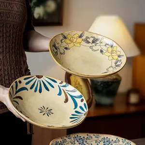 Vintage Hand-Painted Ceramic Plate, Microwave & Dishwasher Safe, 9 Inch Deep Bowl Design, Perfect for Home Dining