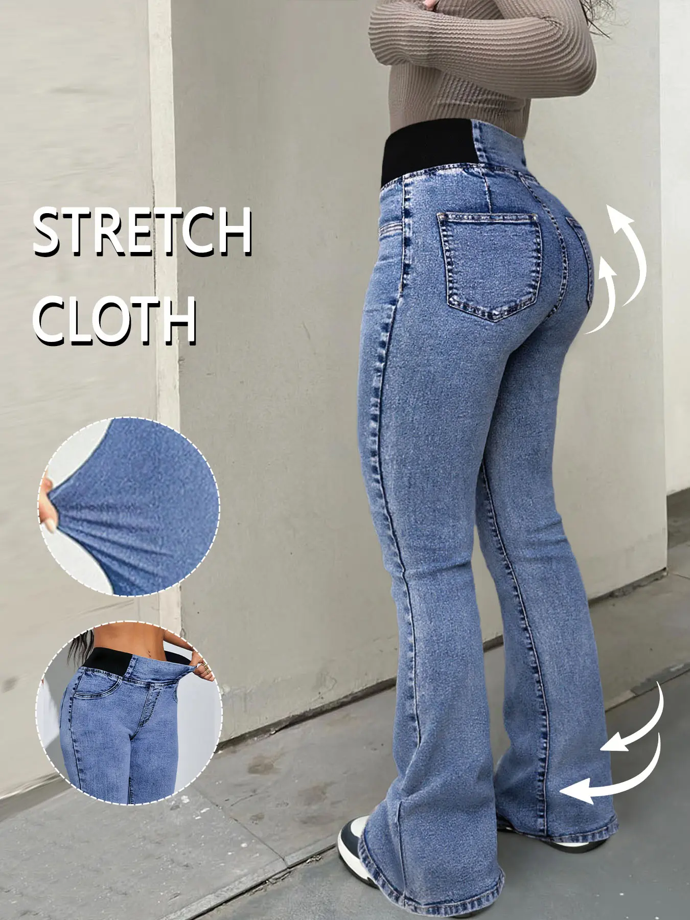 Women's High Stretch Denim Flare Jeans - Elastic High Waist Zip Pull-On Basic Everyday Piece with Vintage Washed Slim Leg, Simple Fit Design, Comfortable, Flared Legs