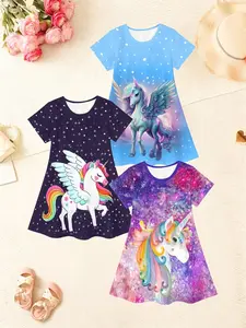 3pcs Girl 3D Printed Short Sleeve Dress, Princess Party, Lightweight Summer Casual Kids Clothes, Comfortable Clothing
