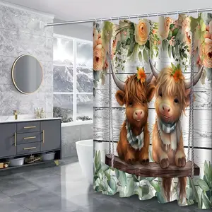 Cow & Flower Pattern Shower Curtain Sets with 12pcs Hooks, 1/4 Counts Including Shower Curtain & Toilet Mat & Bath Mat & Toilet Lid Cover, Bathroom Decor Supplies for Home Hotel, Restroom Bathroom Accessories, Bathroom Decoration Accessories