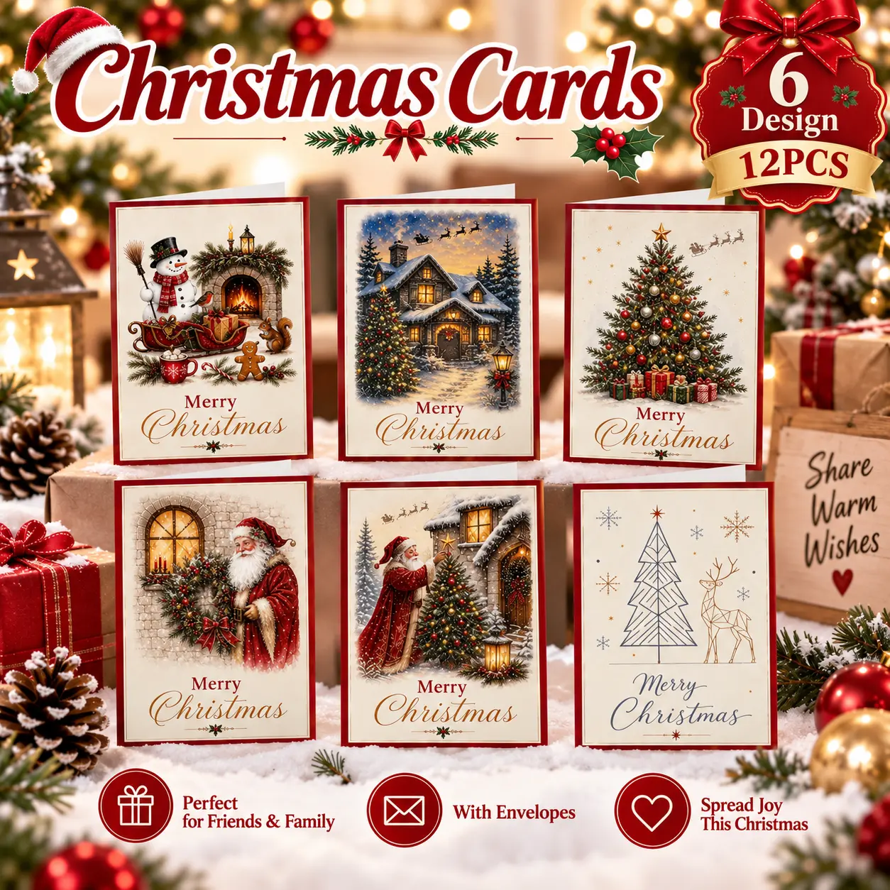 12 Pack Christmas Cards with Envelopes – 6 Festive Designs, 12 Red Envelopes, Flat 7.87x5.91 In & Folded 5.91x3.94 In for Friends, Classmates & Family
