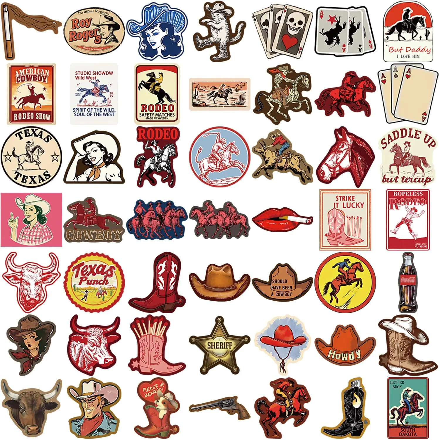 50Pcs Unisex Country Theme Cowboy Vibes Decal Set, Red Cowgirl Vinyl Waterproof Stickers for Water Bottle, Laptop (Teens+Adults)