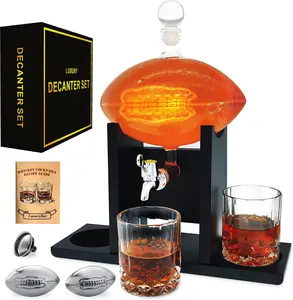 Football Whiskey Decanter Set with Glasses Chiller and Spout 47oz for Men and Tequila Liquor Stainless Steel Chiller Football Design for Football Lover