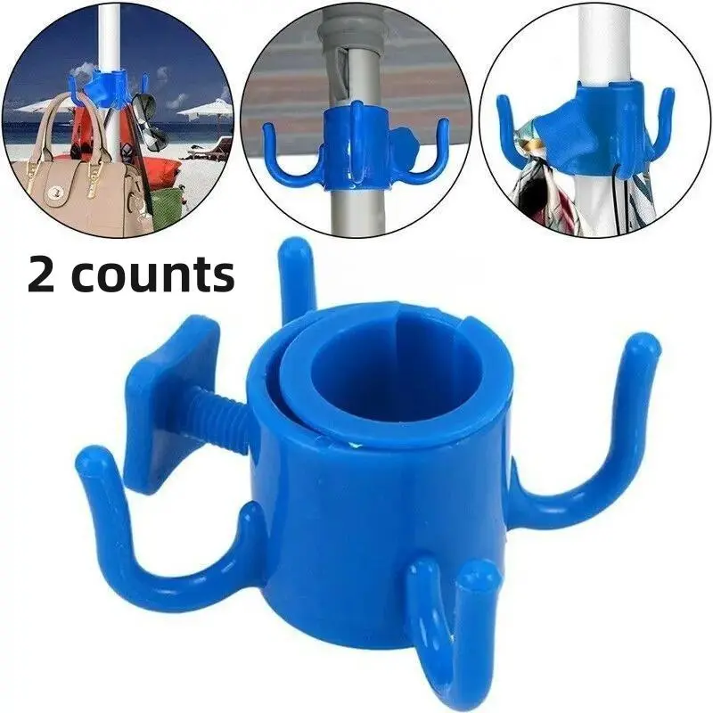 2pc Plastic Beach Umbrella Adjustable Hooks with 4 Pins, Camping Travel Clips, Towel Hook, Camera, Sunglasses, Bag, Pool Accessories, Outdoor Use