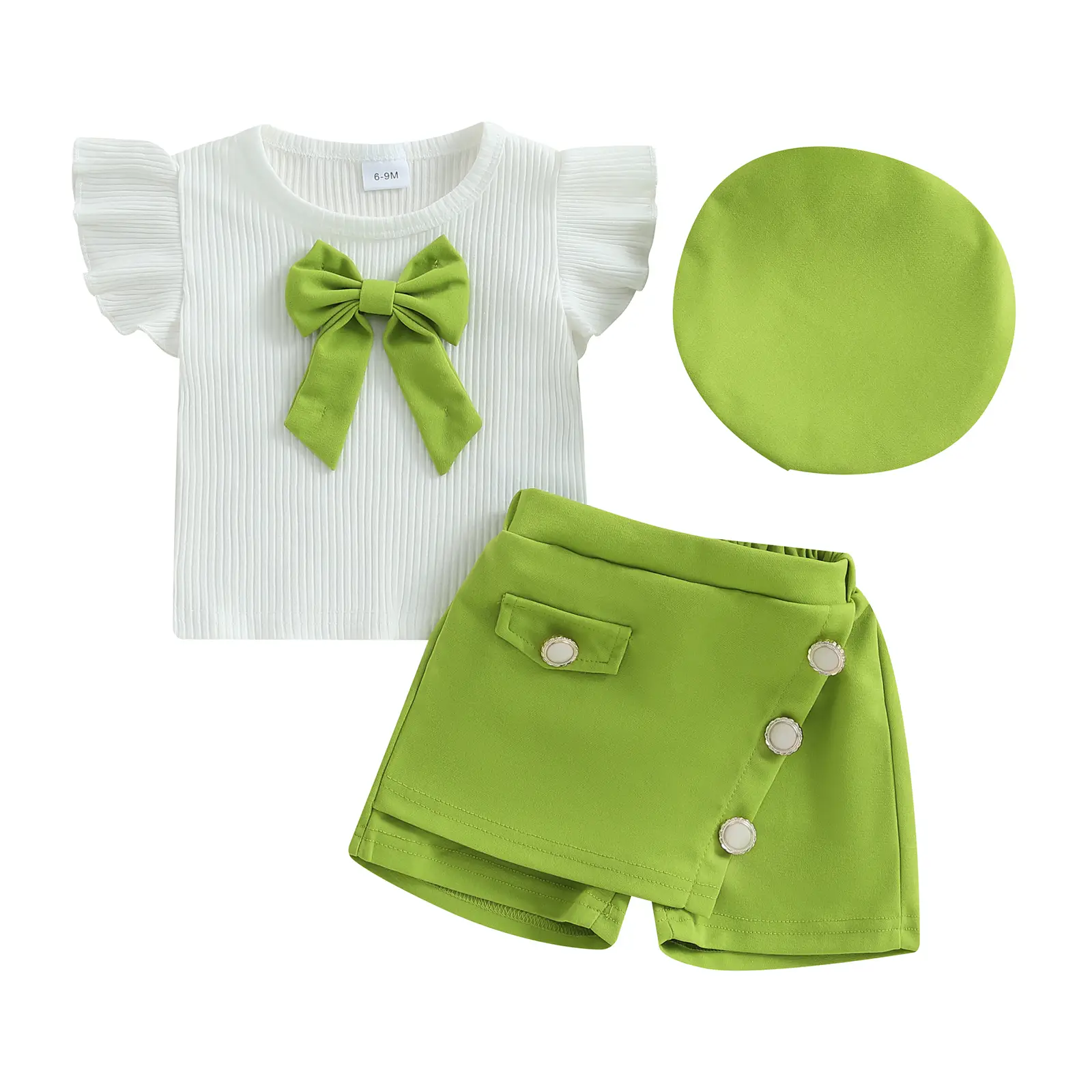 Baby Girl 3Pcs Summer Outfits Ruffle Sleeve Bow Tops + Shorts + Hat Set Toddler Clothes