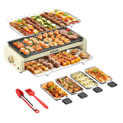 PRTYY Corded Jumbo Portable Electric Grill - Table Top Indoor Cooktop, Smokeless Portable Barbecue Grill with Non-Stick Surface, Adjustable Temp Control, Healthy Heat, Brushes, Food Clips, Grease Brush, Perfect Gift for Meat Lovers