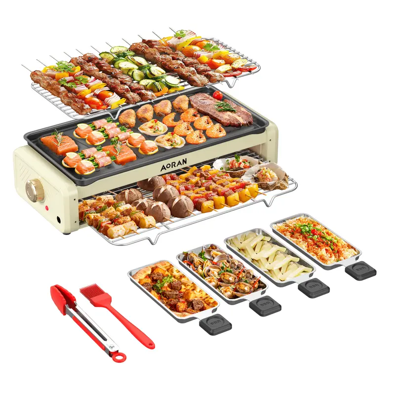 PRTYY Corded Jumbo Portable Electric Grill - Table Top Indoor Cooktop, Smokeless Portable Barbecue Grill with Non-Stick Surface, Adjustable Temp Control, Healthy Heat, Brushes, Food Clips, Grease Brush, Perfect Gift for Meat Lovers