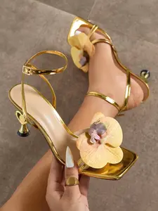 Women's High Heel Summer Evening Party Outdoor Fashion Noble Elevated Sandals, Adjustable Ankle Strap, Floral Decor, PU Material