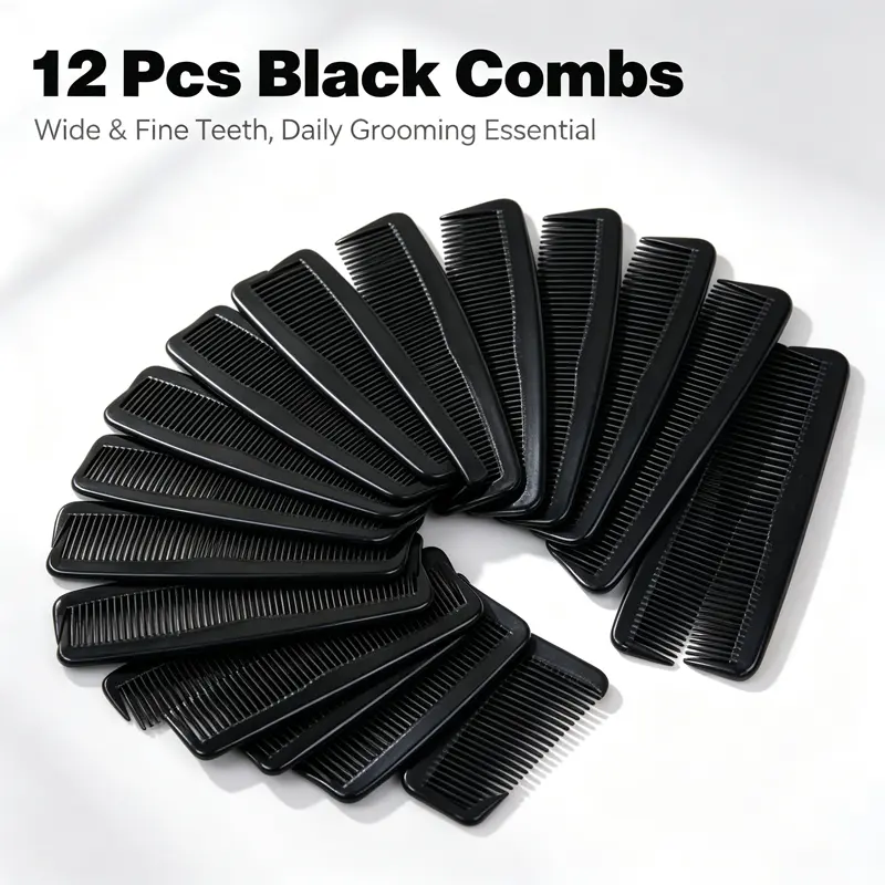 12Pcs Black Barber Combs Set, Professional Plastic Fine Tooth Hair Cutting Comb for Salon & Home Hair Styling，Durable Anti-static Flat Styling Comb for Men Women All Hair Types