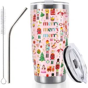 Pink Christmas Tumbler Stainless Steel Nutcracker Travel Tumbler with Lid Straw Coffee Mug Cup for Women Friend Xmas Winter Holiday Birthday Party Gift