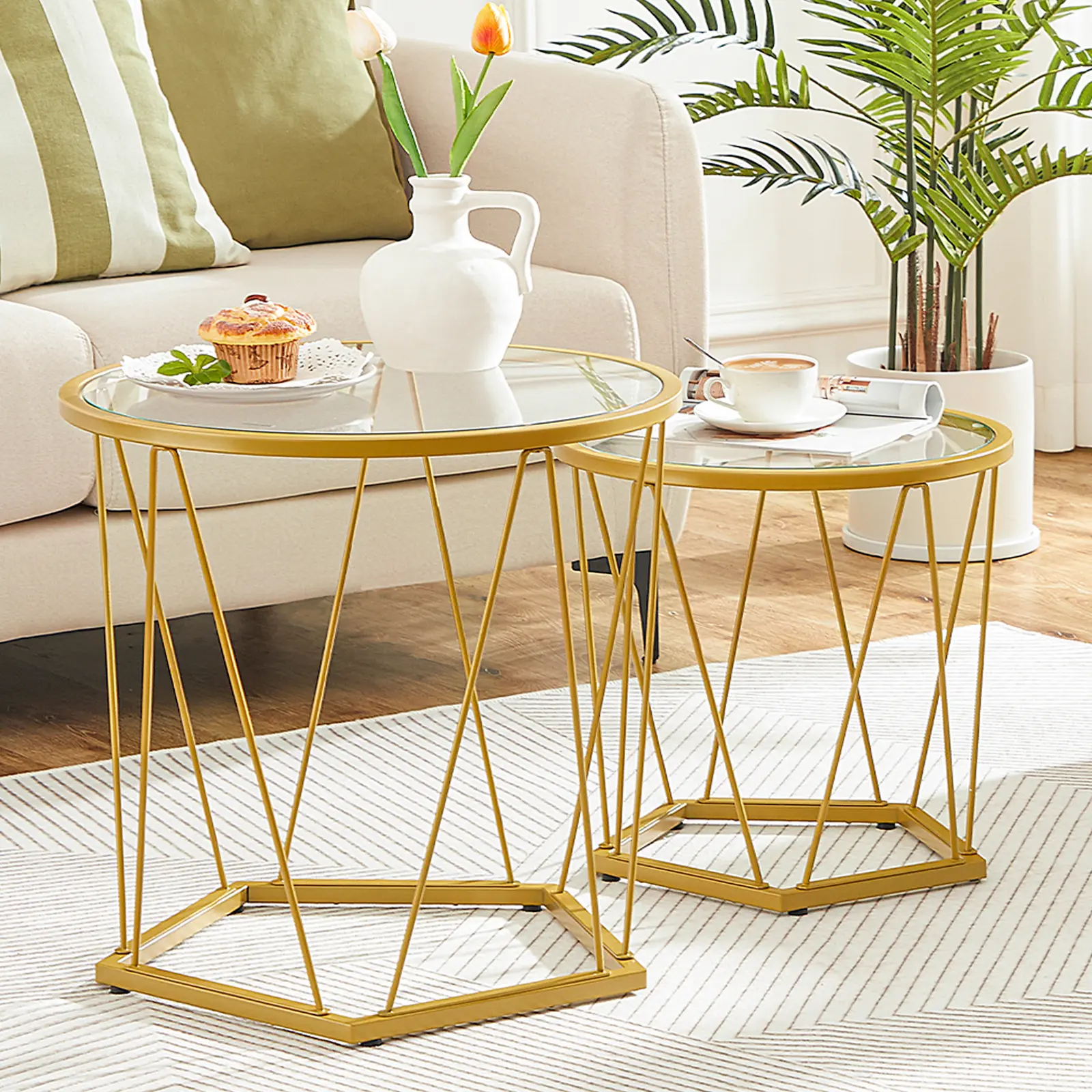 HOOBRO Coffee Table Set of 2, Round Coffee End Table with Metal Frame, Glass Top, Gold Side Table for Living Room, Bedroom and Balcony, Modern Style