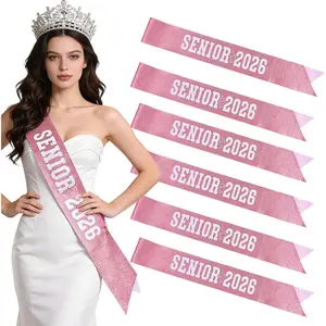 6Pcs 2026 Senior Sashes Pink Glitter with White Letters for Graduation Celebration Party Cheerleading Competition Sash Supplies