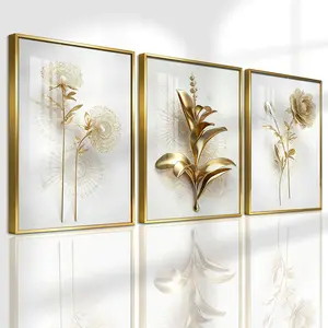 3 Counts Aluminum Alloy Framed Painting, Golden Abstract Flowers Artwork, Home Decoration For Living Room, Bedroom, Office, Restaurant, Hallway Wall Decor, Odorless Print Artwork, Luxury Perfect Gift For Friends And Family