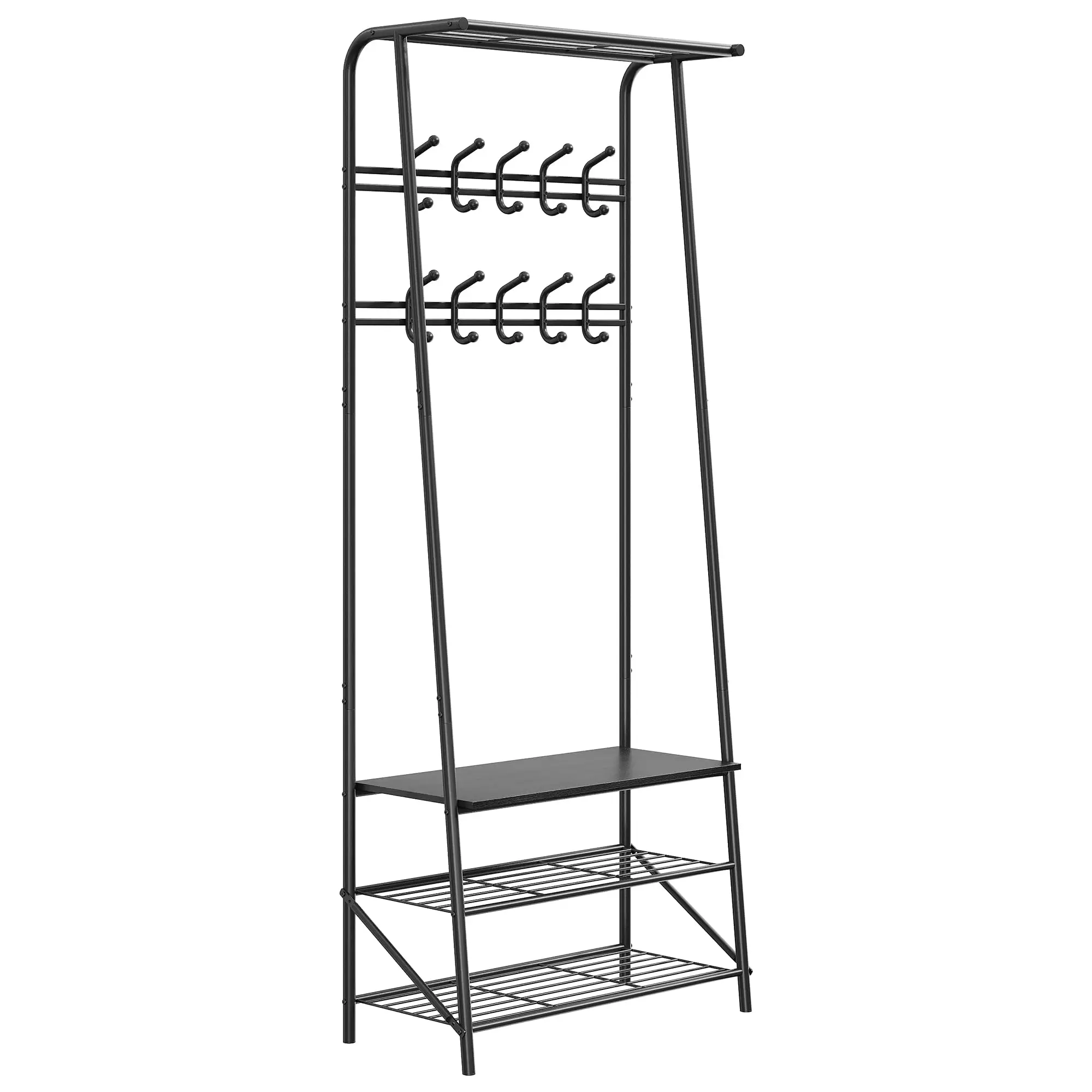 Black Entryway Hall Tree with Shoe Storage Bench, 10 Double Row Hooks & Clothes Rail – Wood Look & Metal Frame, Multifunctional Organizer for Hallway – 60cm Wide