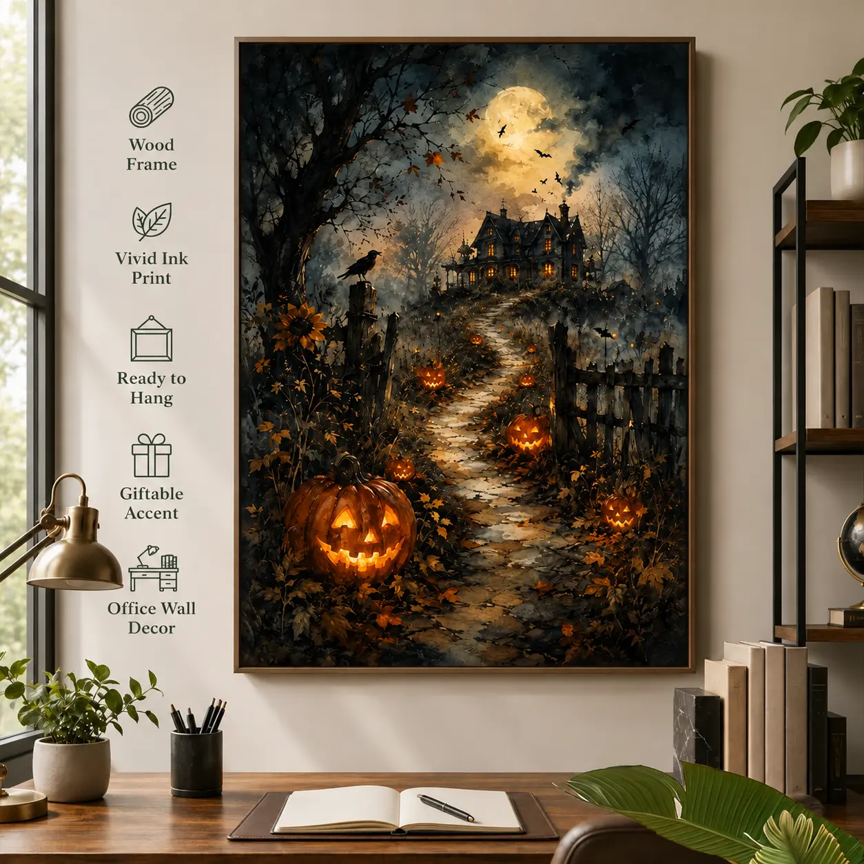Halloween Haunted House Pumpkin Wood Framed Wall Art - Gothic 1-Piece Canvas Print Home Decor for Living Room, Bedroom, Multi-Size Options 8x12 to 24x36 in