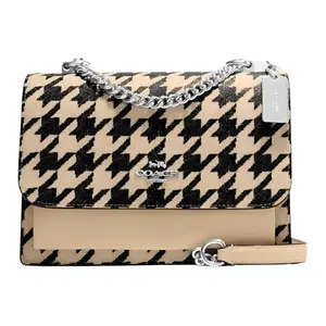 COACH Klare 22 Crossbody Bag for Women – Gold Logo Plaid Flap Bag in Beige Leather