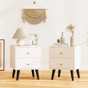 COSTWAY - Nightstand Set of 2 Mid Century Modern Bedside Table with Golden Knobs and Raised Support Legs