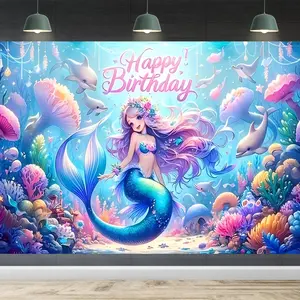 Mermaid Birthday Theme Polyester Decorative Banner, Multi-Size Options, Perfect for Birthdays, Indoor Outdoor Decor, Room Decoration, Photo Shoots