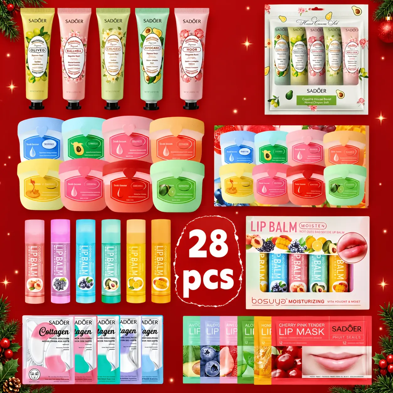 28-piece fruit lip care set with hand cream, available in various scents; moisturizing lip balm and eye care for soft, dry lips; compact and portable for travel; a great gift for women for holidays and parties; plant oil treatment.
