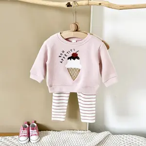 Newborn Baby Girl Spring Autumn Set Ice Cream Patch Top Striped Long Pants Top Pants 2Pc Casual Comfortable Pink Set