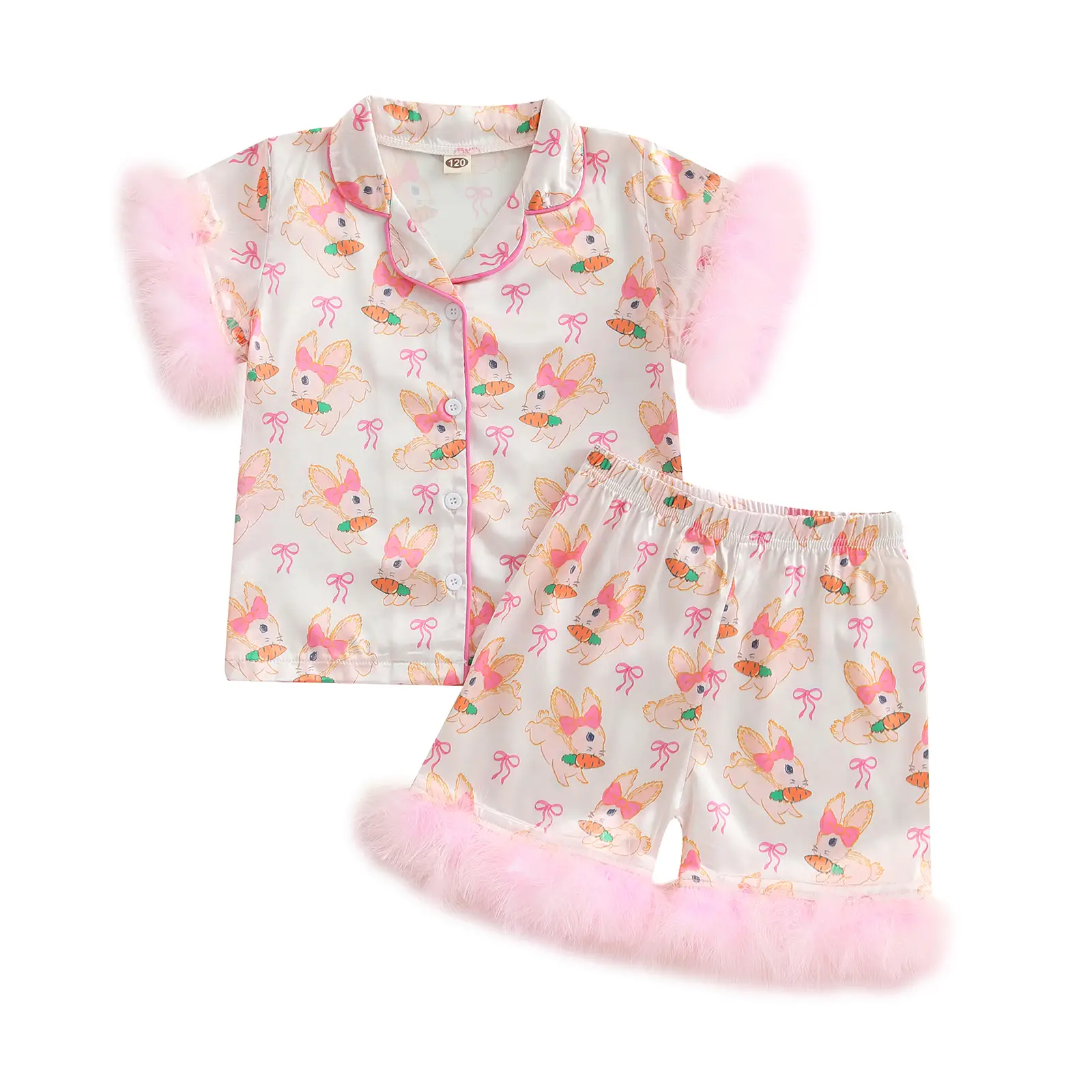 Kid Girl Easter Pajamas Set Bunny Print Lapel Feather Short Sleeve Button Down Tops with Shorts Satin Sleepwear
